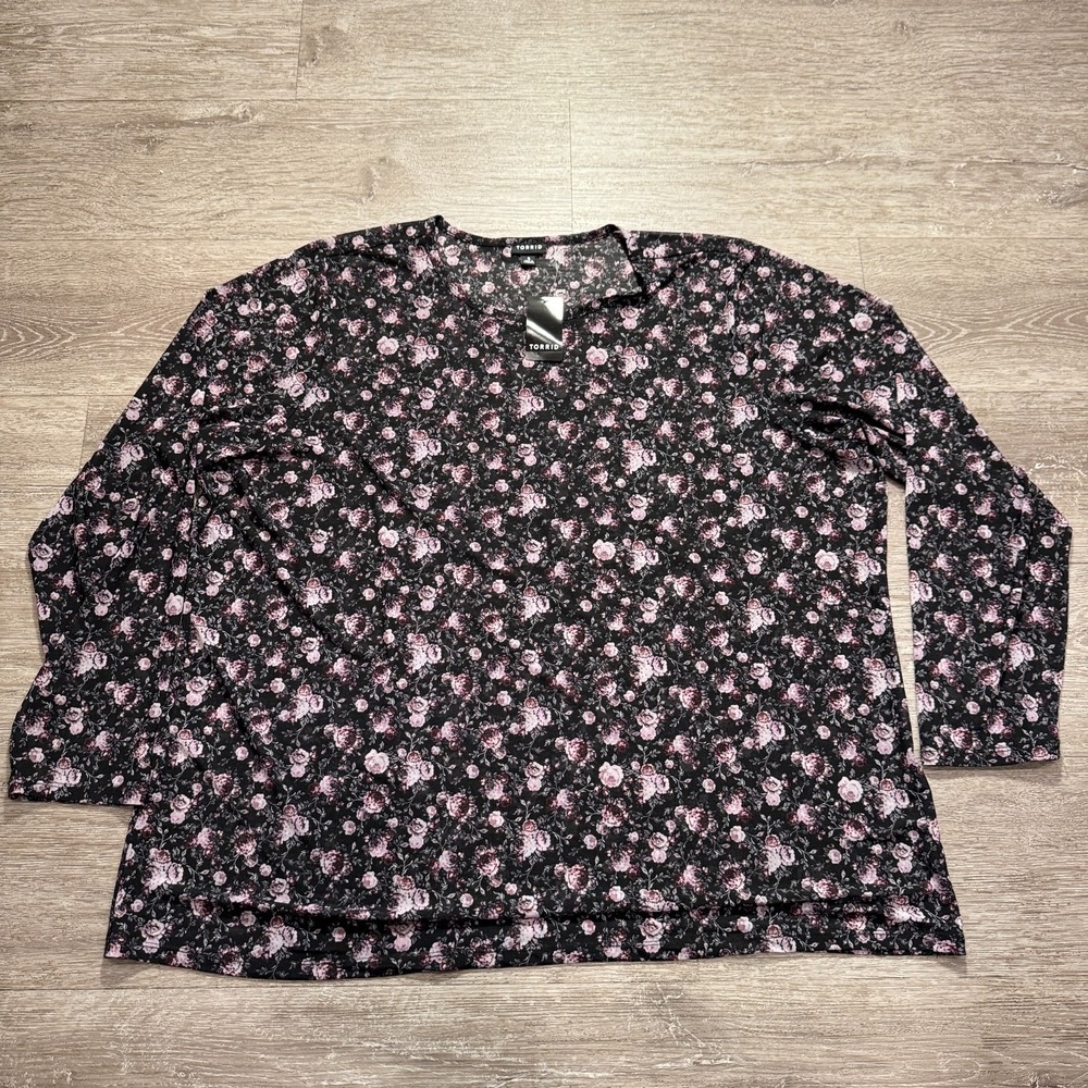 Torrid Top Womens 5x Black Pink Rose Floral Mesh Tunic Crew Neck Peasant Nylon - Picture 1 of 9